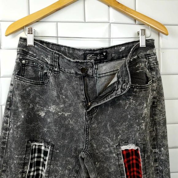 ROMA STUDIO | GINGHAM CHECKERED PATCHWORK BLACK WASHED DENIM JEANS SIZE MEDIUM - Picture 5 of 15